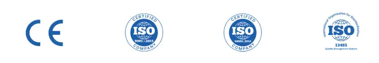 Certifications and standards logos: CE mark, ISO 13485, ISO 9001, ISO 14001, and notified body certification
