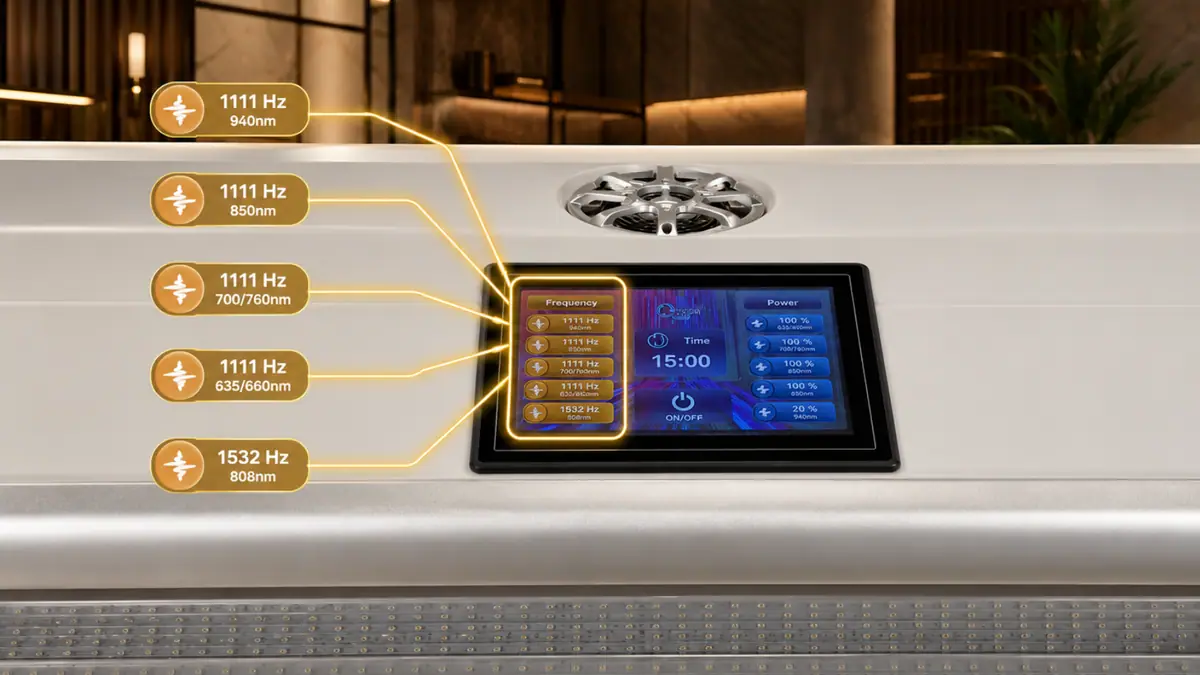 MitoBooster XL touchscreen showing frequency and power controls for each wavelength