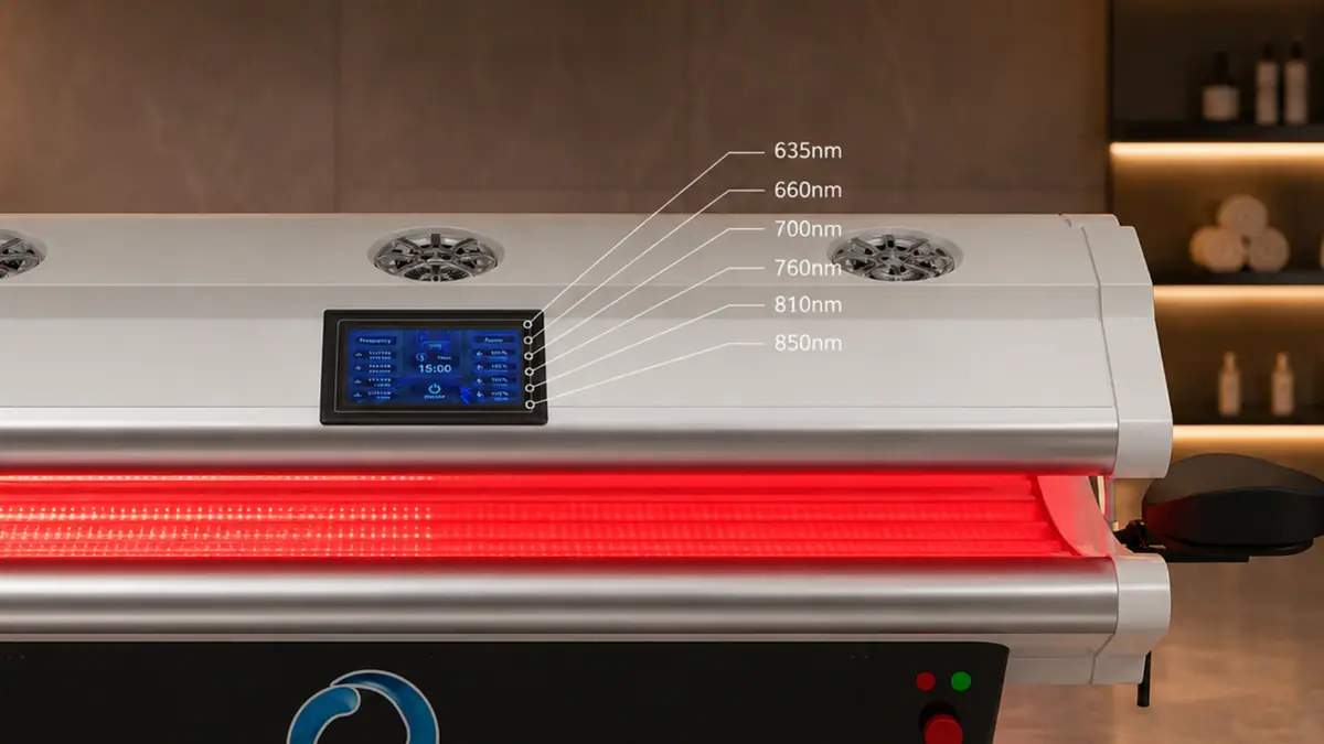 Close-up of MitoBooster XL showing 6 wavelength labels pointing to the LED panel