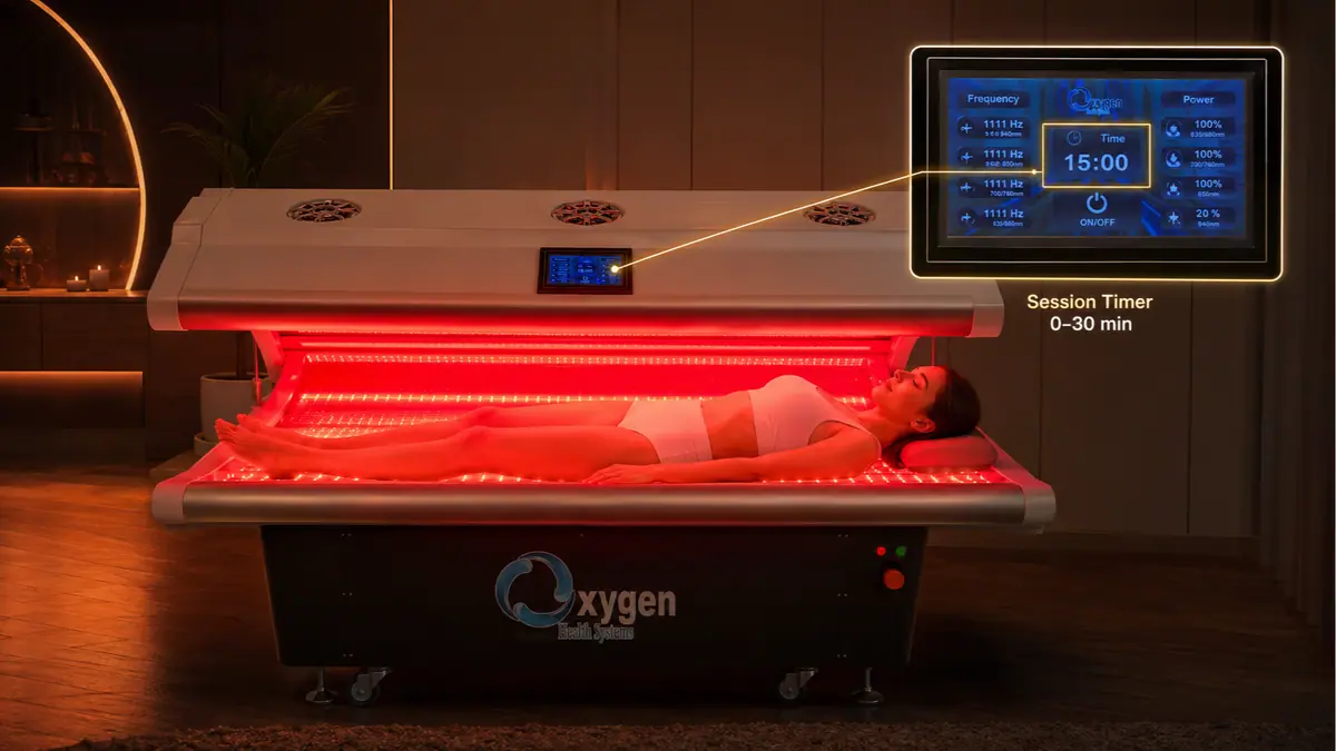 Woman lying in MitoBooster XL with session timer callout showing 15:00 on the touchscreen